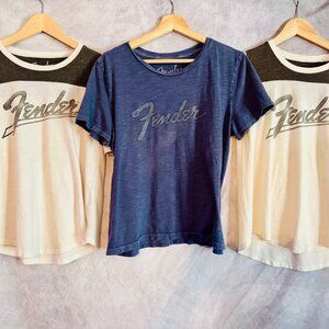 Lot of 3 Fender Guitar Lucky Brand Graphic Short Sleeve T-Shirts - XS, L, S